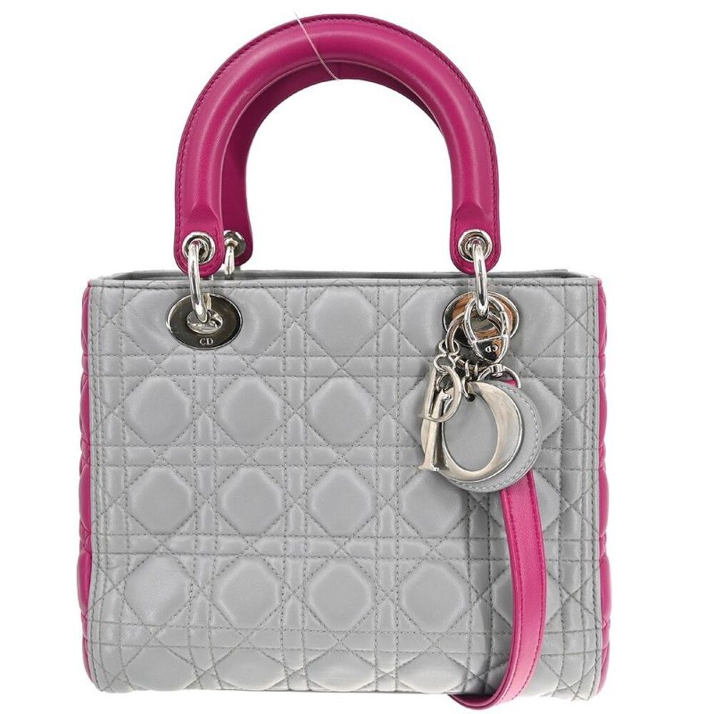 Christian Dior Lady Dior Cannage Quilt Lambskin Gray Leather Handbag